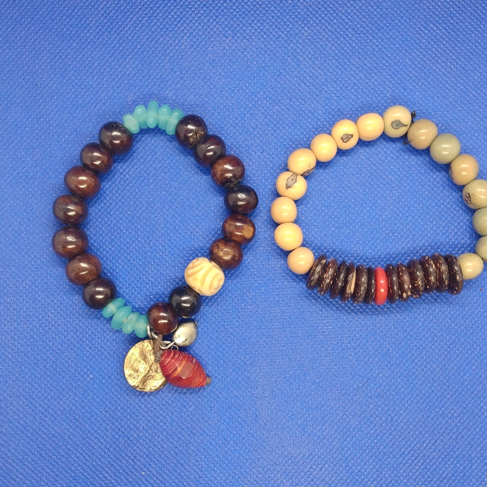 Narural Wood Beaded Bracelet Set - Brown and Blue